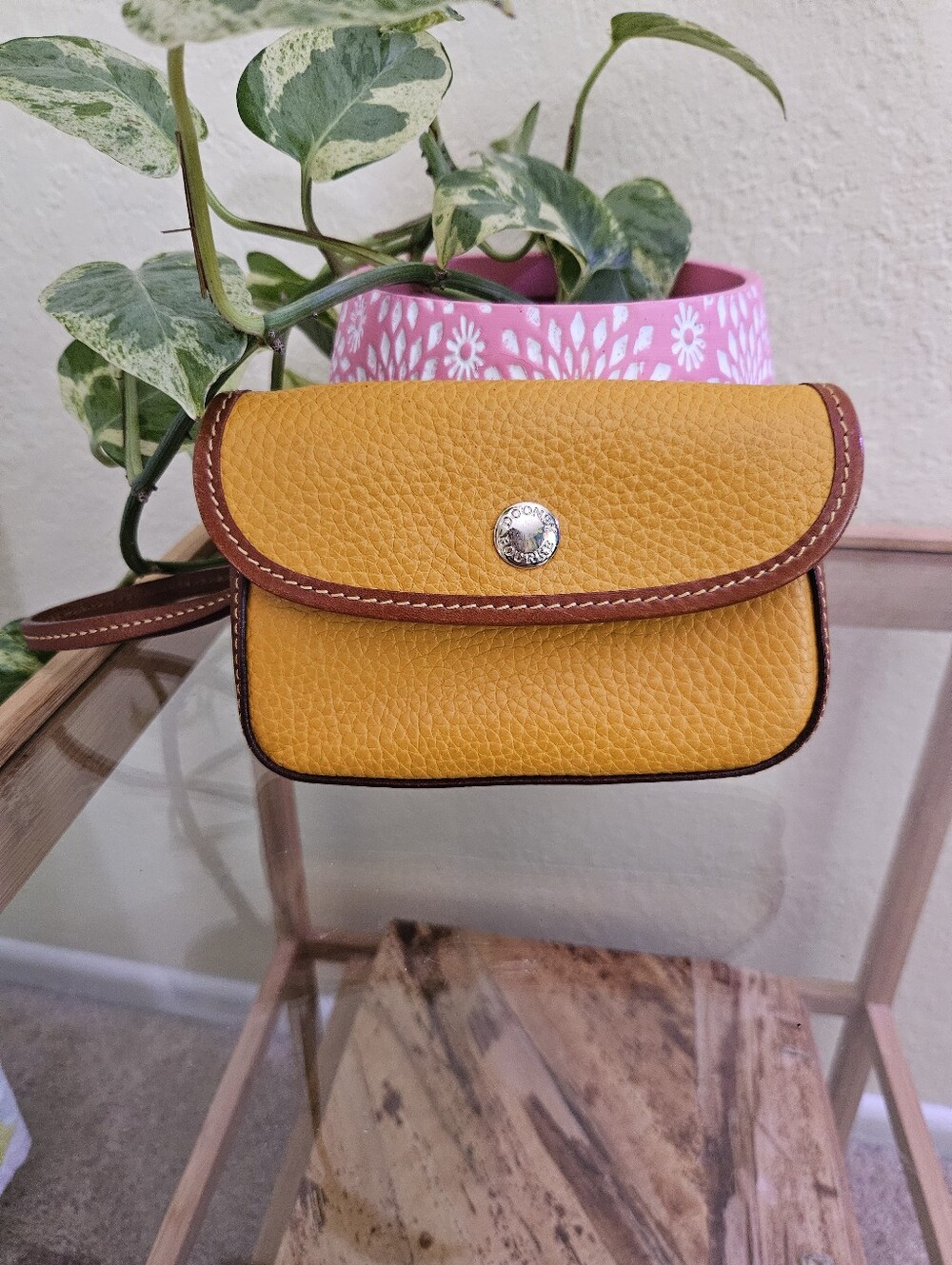 Vintage Dooney & Bourke Yellow Pebbled Leather Mini Wristlet with Brown Trim